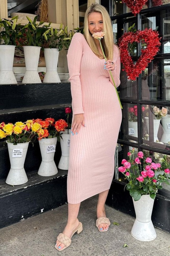 Pink V-Neck Long Sleeve Fitted Maxi Dress