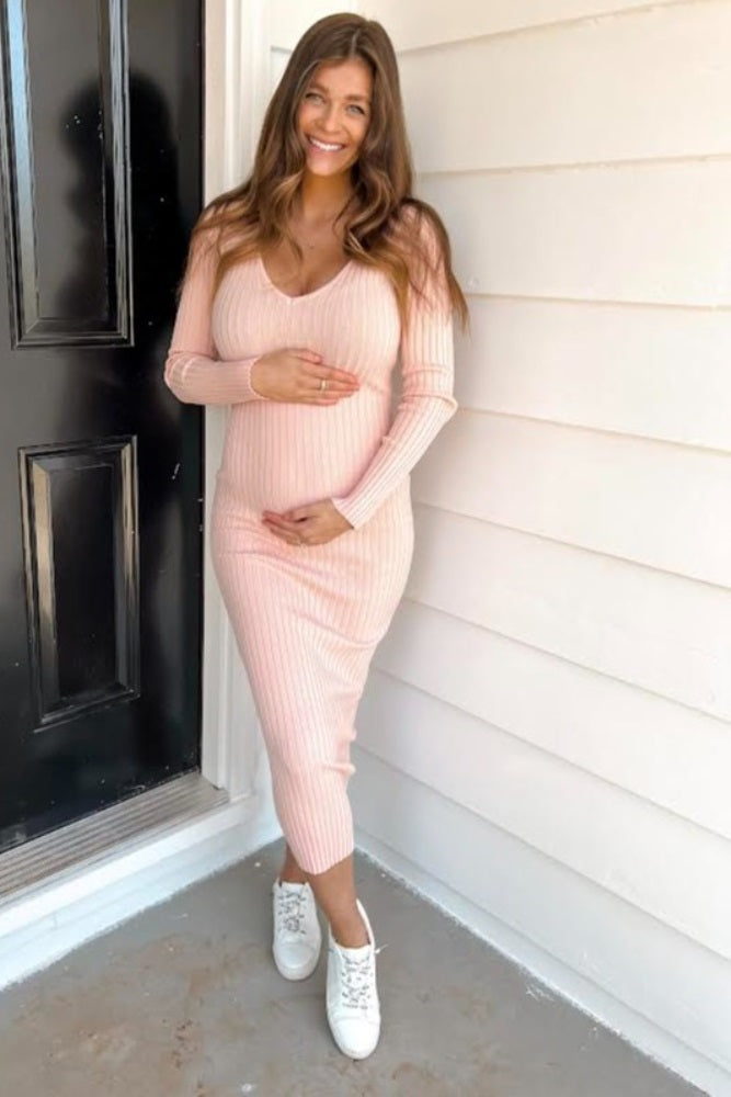 Pink V-Neck Long Sleeve Fitted Maternity Maxi Dress