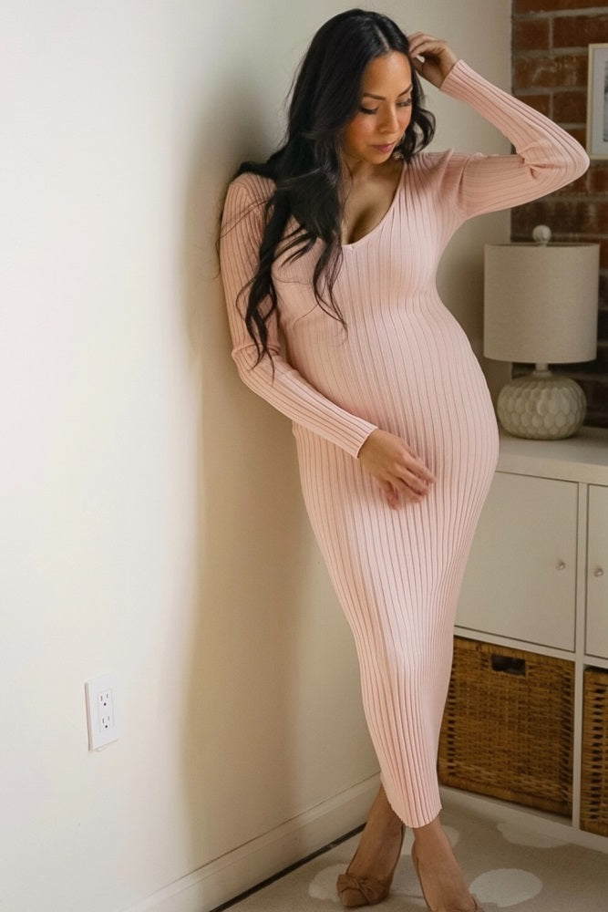 Pink V-Neck Long Sleeve Fitted Maxi Dress
