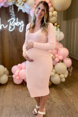 Pink V-Neck Long Sleeve Fitted Maternity Maxi Dress