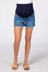 Blue Fringe Hem Maternity Denim Shorts