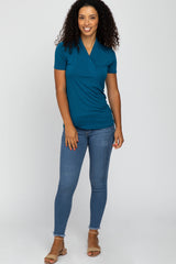Teal Solid Short Sleeve Wrap FrontTop