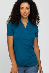Teal Solid Short Sleeve Wrap FrontTop