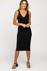 Black Sleeveless Ribbed Knit Fitted Maternity Dress