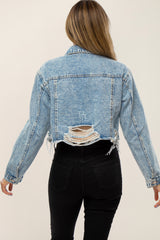 Light Blue Distressed Cropped Denim Jacket