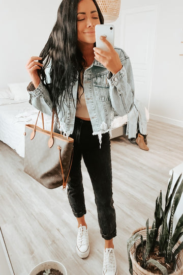 Light Blue Distressed Cropped Denim Jacket