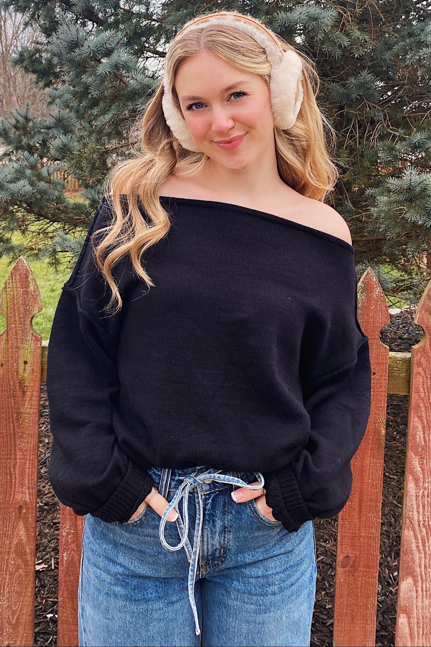 Black Boat Neck Bubble Sleeve Sweater