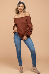 Camel Boat Neck Bubble Sleeve Sweater