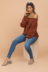 Camel Boat Neck Bubble Sleeve Sweater