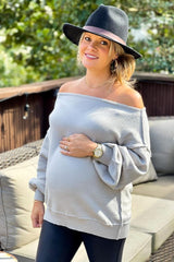 Grey Boat Neck Bubble Sleeve Maternity Sweater