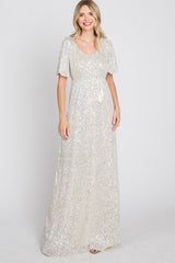 Cream Sequin Short Sleeve Maternity Maxi Dress