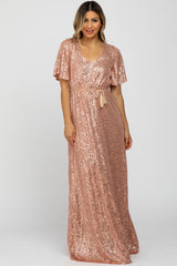 Pink Sequin Short Sleeve Maternity Maxi Dress