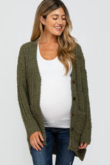 Olive Popcorn Knit Hi-Low Maternity Cardigan