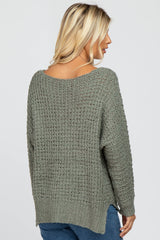 Olive V-Neck Side Slit Thick Knit Sweater