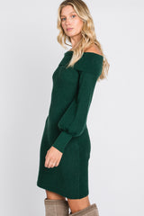 Forest Green Off Shoulder Bubble Sleeve Sweater Dress