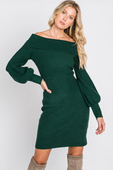 Forest Green Off Shoulder Bubble Sleeve Sweater Dress