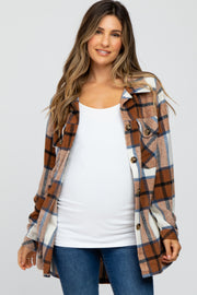 Mocha Plaid Brushed Button Down Maternity Over Shirt