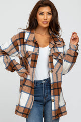 Mocha Plaid Brushed Button Down Maternity Over Shirt