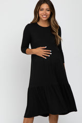 Black Tiered Ribbed 3/4 Sleeve Maternity Midi Dress