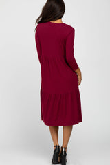 Burgundy Tiered Ribbed 3/4 Sleeve Midi Dress