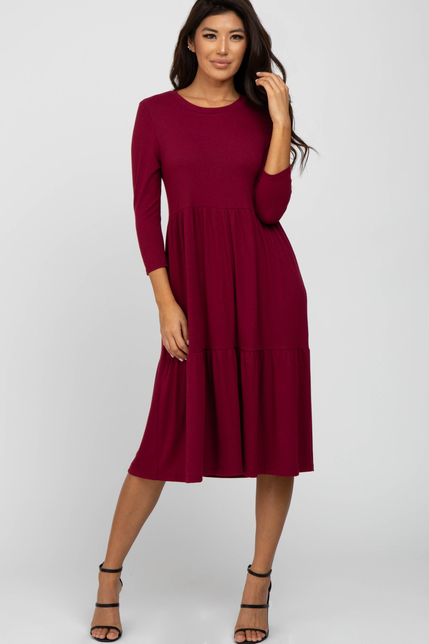 Burgundy Tiered Ribbed 3/4 Sleeve Maternity Midi Dress