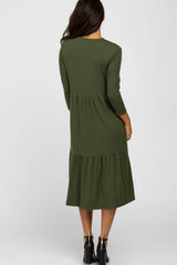 Olive Tiered Ribbed 3/4 Sleeve Midi Dress