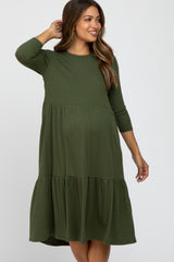 Olive Tiered Ribbed 3/4 Sleeve Maternity Midi Dress