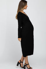 Black Ribbed Button Front Midi Cardigan Maternity Dress