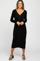 Black Ribbed Button Front Midi Cardigan Maternity Dress