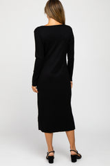 Black Ribbed Button Front Midi Cardigan Dress