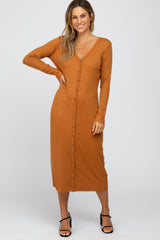 Rust Ribbed Button Front Midi Cardigan Dress