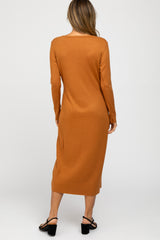 Rust Ribbed Button Front Midi Cardigan Dress