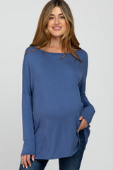 Blue Wide Neck Maternity Long Sleeve Top