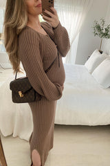 Taupe Side Slit Maternity Maxi Sweater Dress