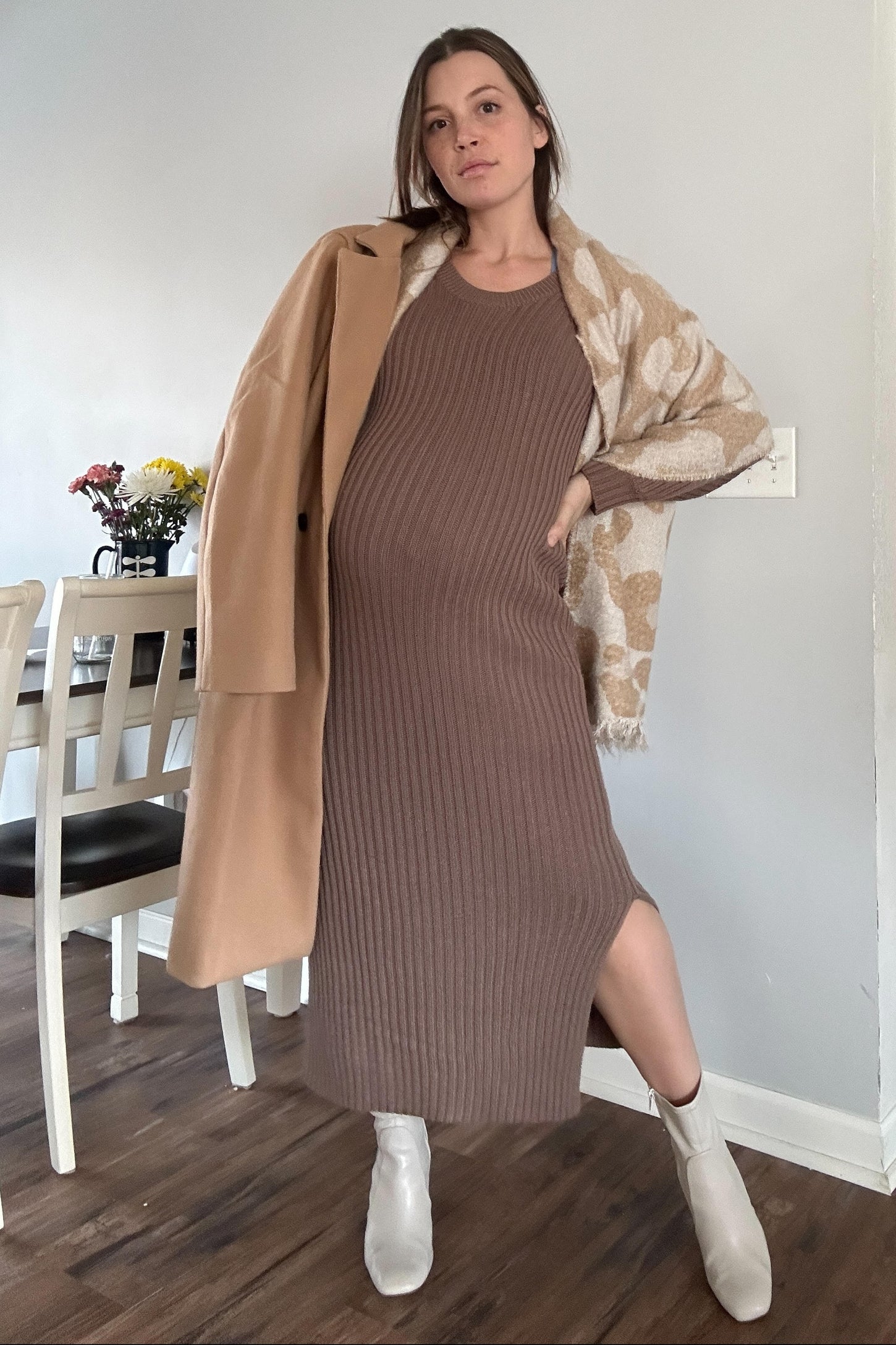 Taupe Side Slit Maternity Maxi Sweater Dress
