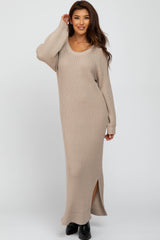 Beige Side Slit Maternity Maxi Sweater Dress