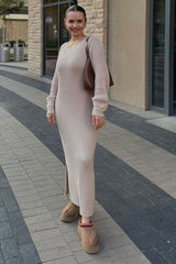 Beige Side Slit Maxi Sweater Dress