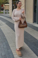 Beige Side Slit Maxi Sweater Dress