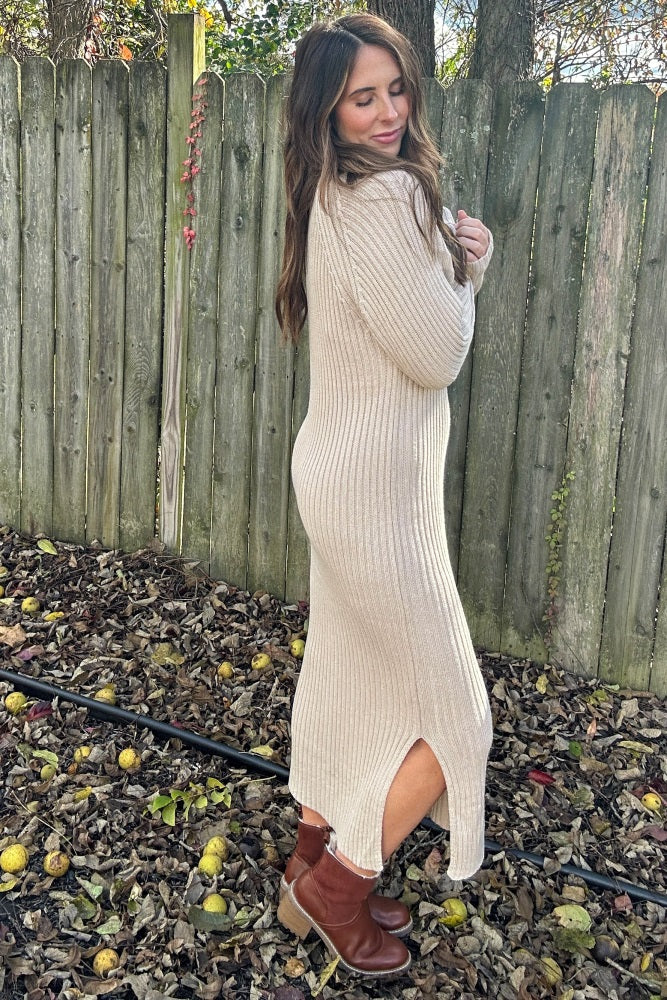 Beige Side Slit Maxi Sweater Dress