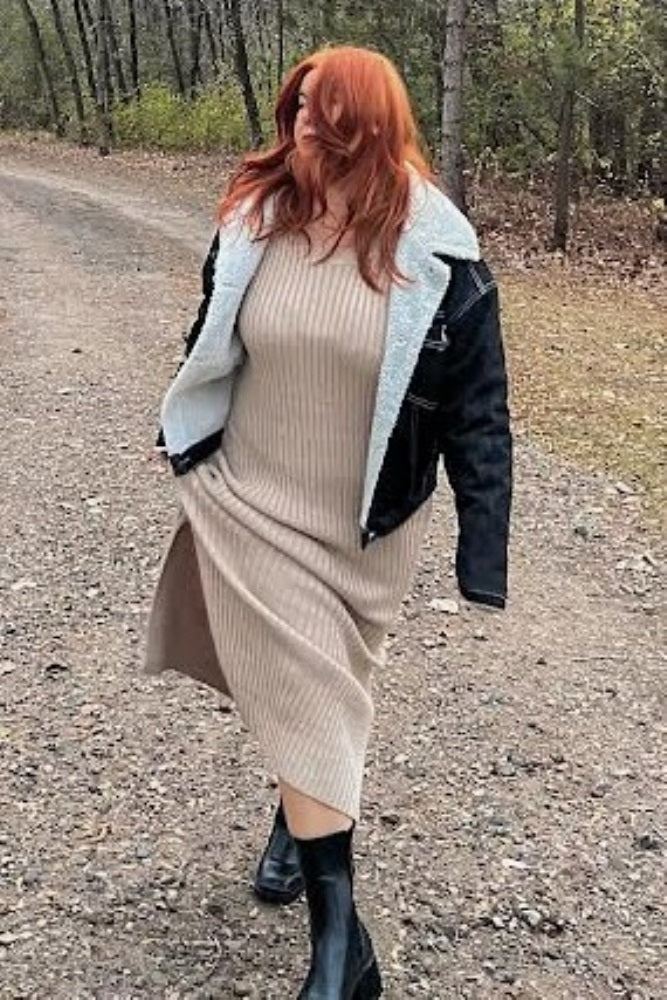 Beige Side Slit Maxi Sweater Dress