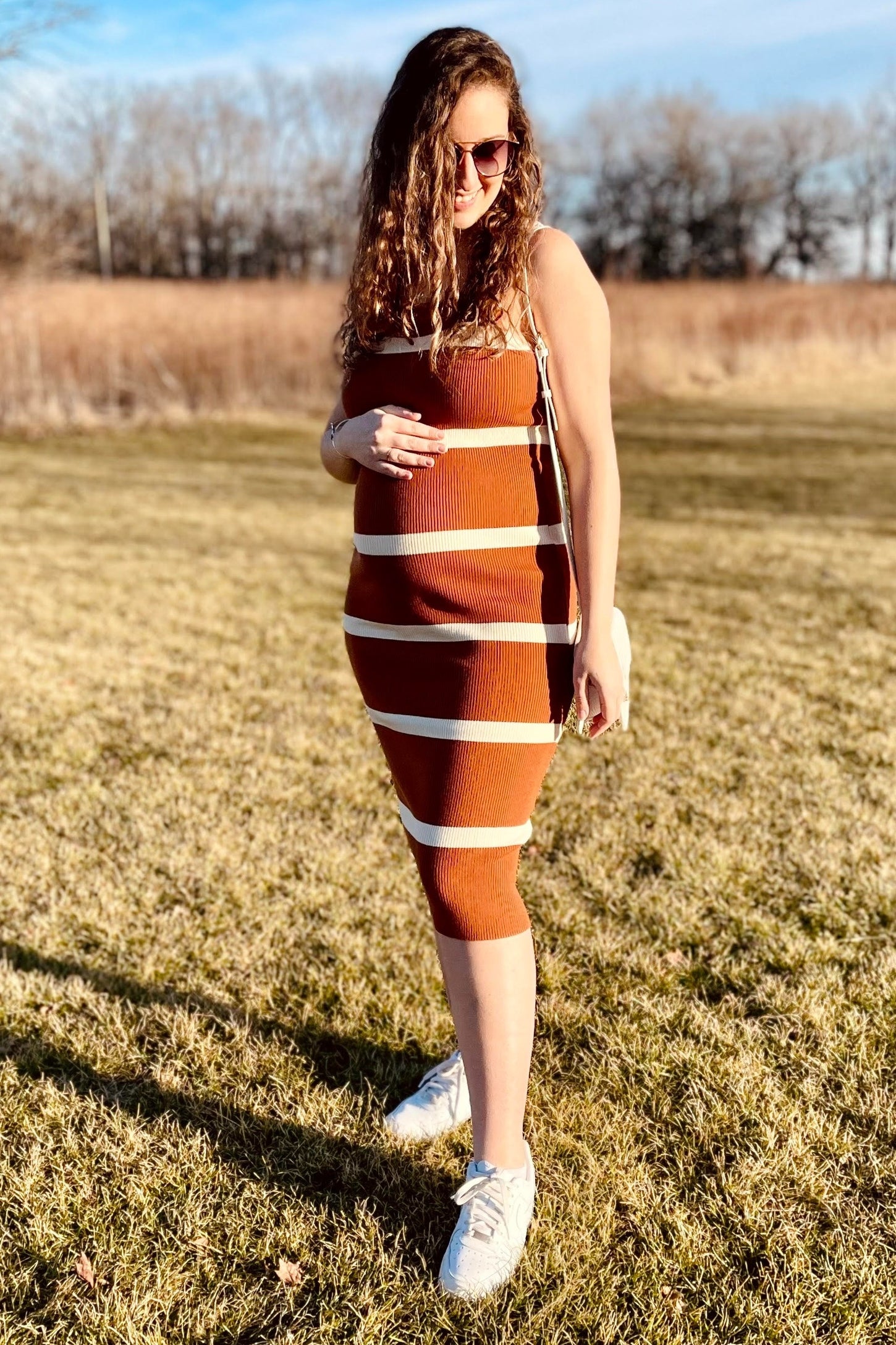 Rust Striped Sleeveless Sweater Maternity Midi Dress
