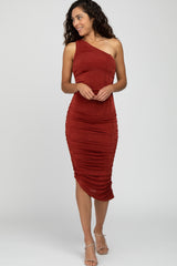 Rust One Shoulder Ruched Side Maternity Midi Dress