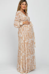 Taupe Floral Chiffon Maternity Maxi Dress