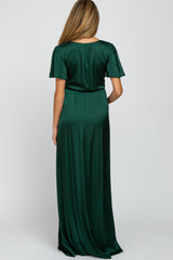 Green Side Slit Satin Maternity Maxi Dress