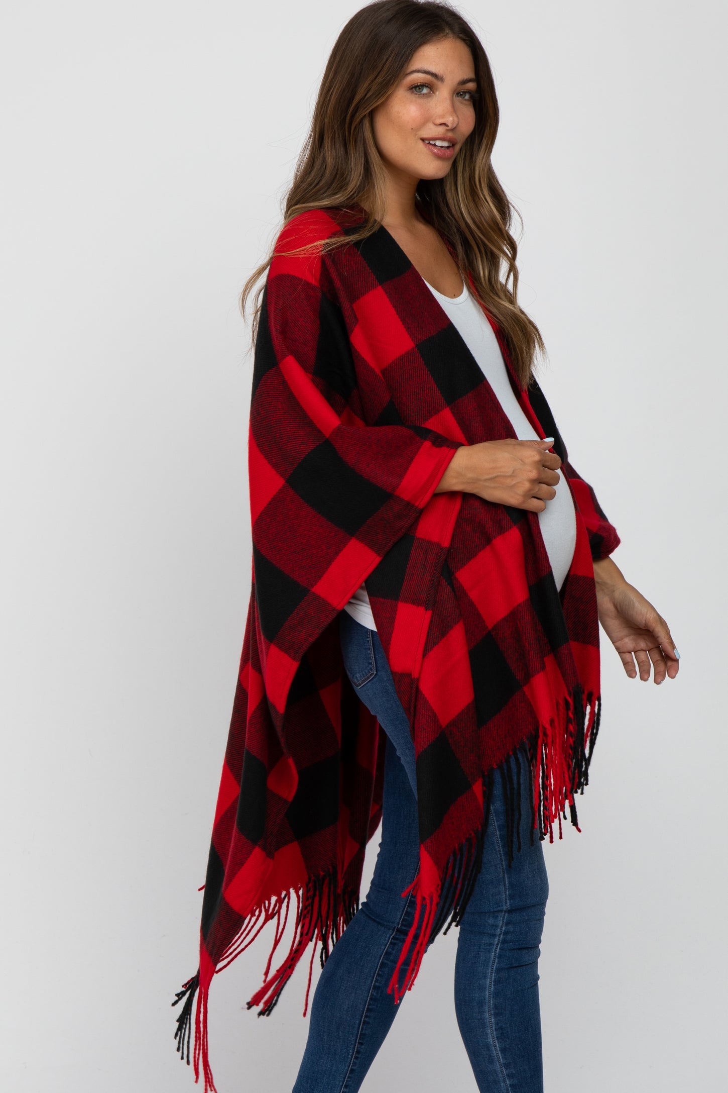 Red Plaid Fringe Maternity Poncho