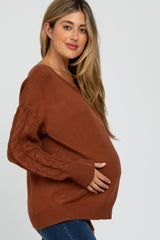 Camel Knit Braided Sleeve Maternity Sweater