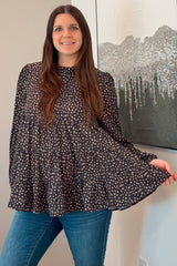 Black Animal Print Mock Neck Tiered Top