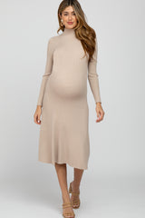 Beige Mock Neck Flared Maternity Midi Dress