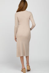 Beige Mock Neck Flared Maternity Midi Dress