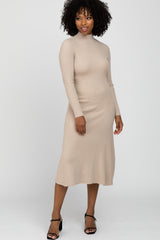 Beige Mock Neck Flared Maternity Midi Dress